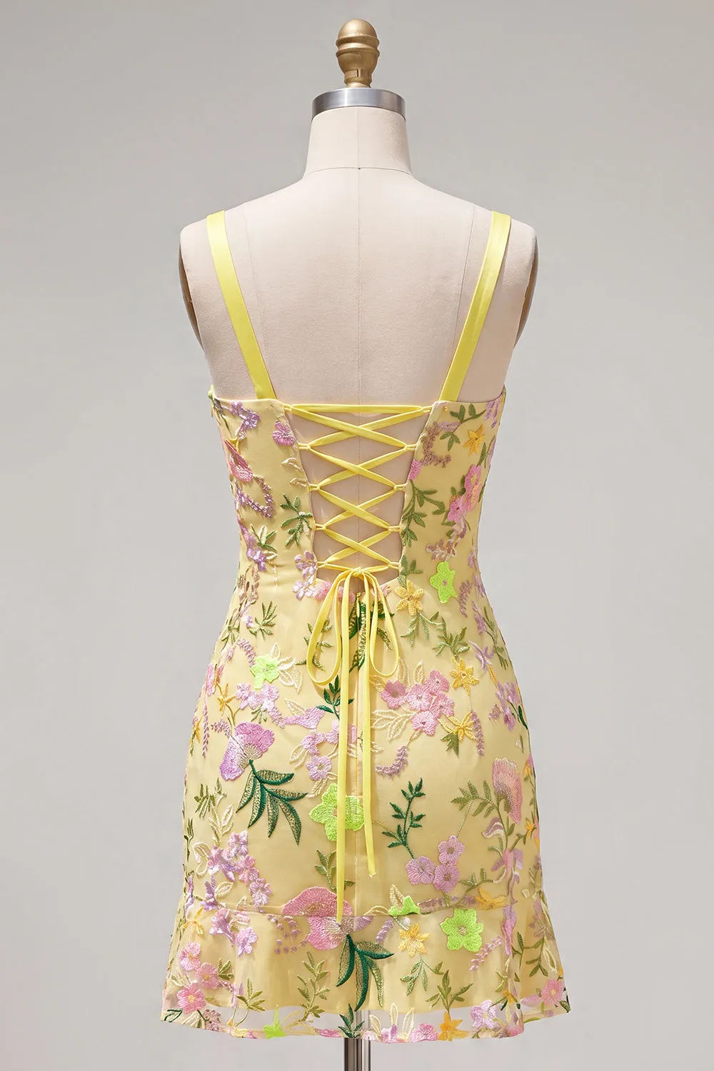 Yellow Bodycon Floral Embroidered Ruffled Homecoming Dress with Lace Up Back sold by Zapaka product image thumbnail 2