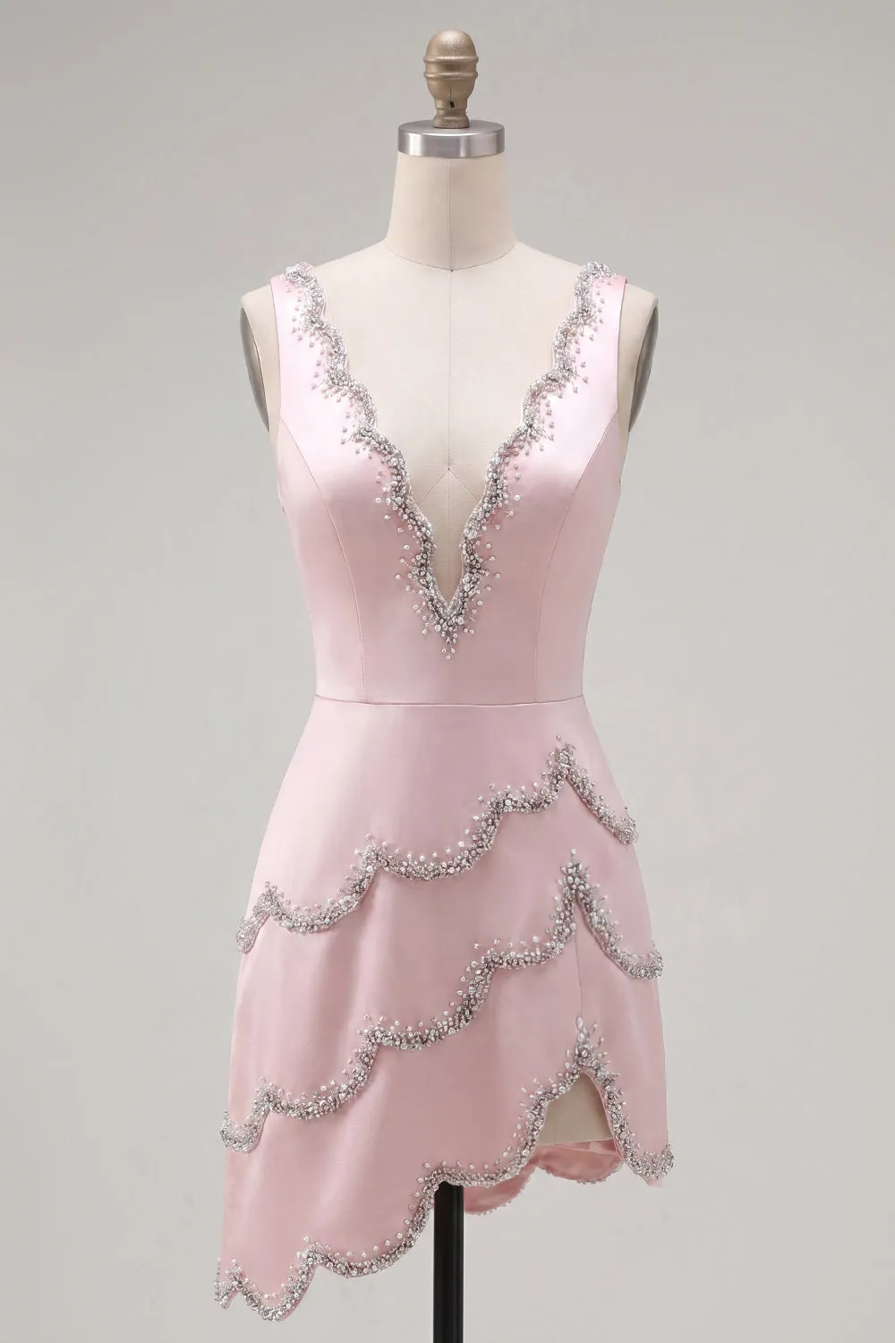 Pink V-Neck Bodycon Asymmetrical Mini Homecoming Dress with Beading sold by Zapaka product image thumbnail 3