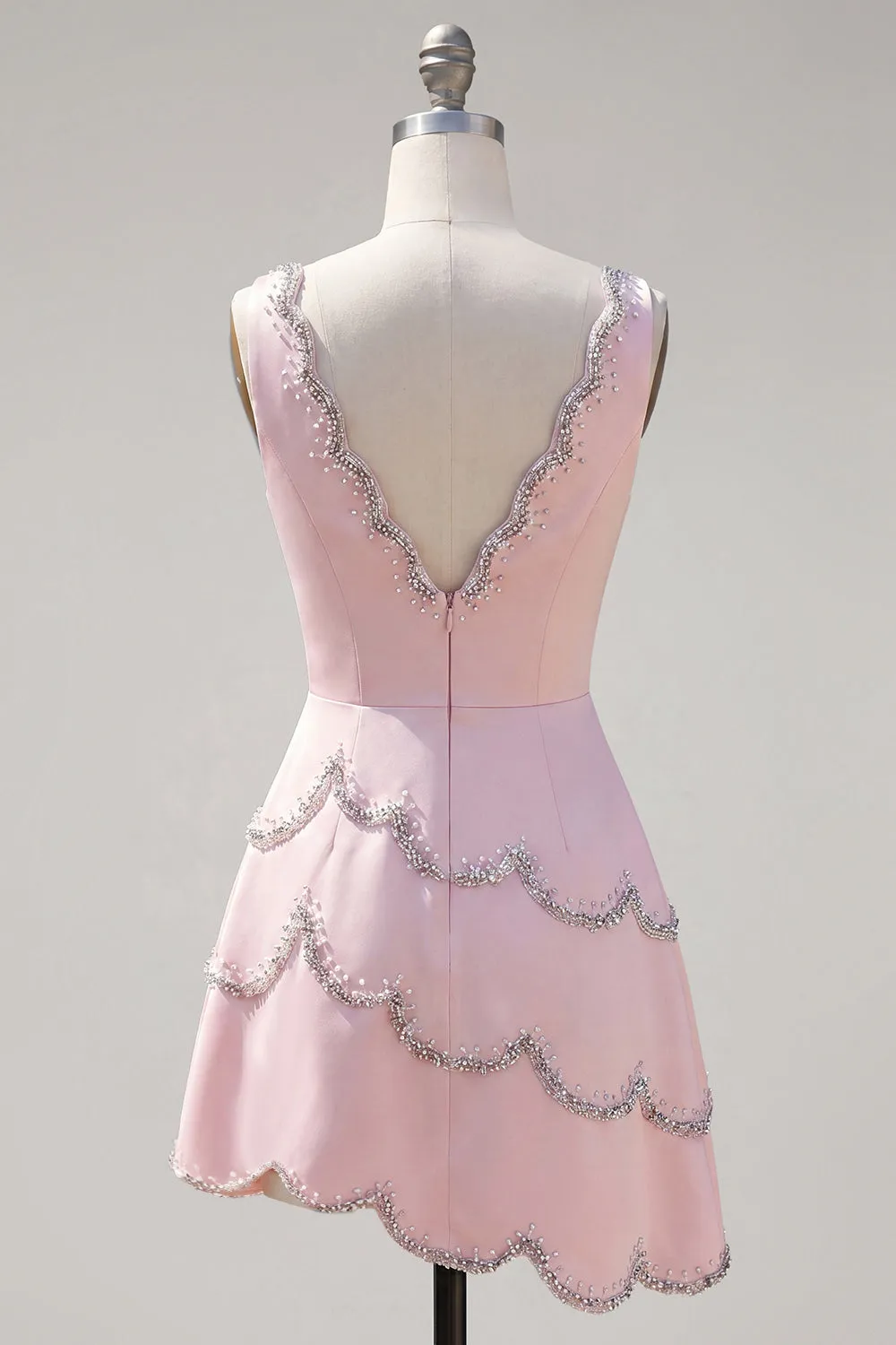 Pink V-Neck Bodycon Asymmetrical Mini Homecoming Dress with Beading sold by Zapaka product image thumbnail 4