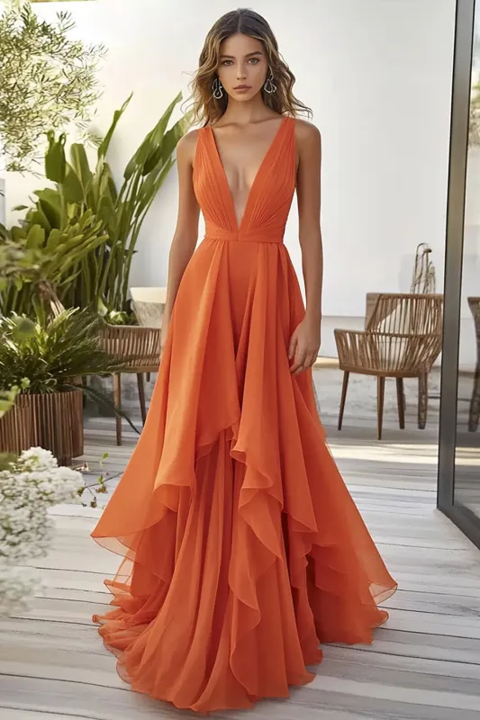 Orange Ruffled A Line Organza Wedding Guest Dress made by Zapaka