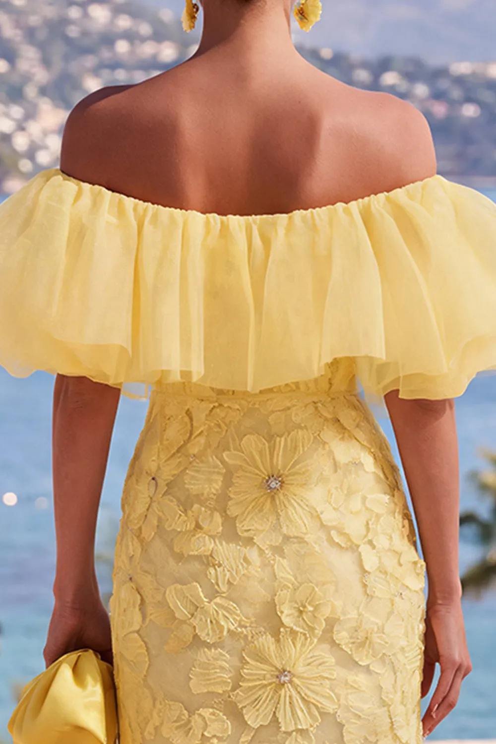 Off the Shoulder Yellow Bodycon Ruffled Floral Midi Dress sold by Zapaka product image thumbnail 4