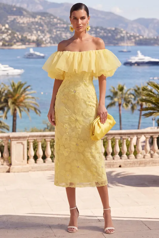 Off the Shoulder Yellow Bodycon Ruffled Floral Midi Dress made by Zapaka