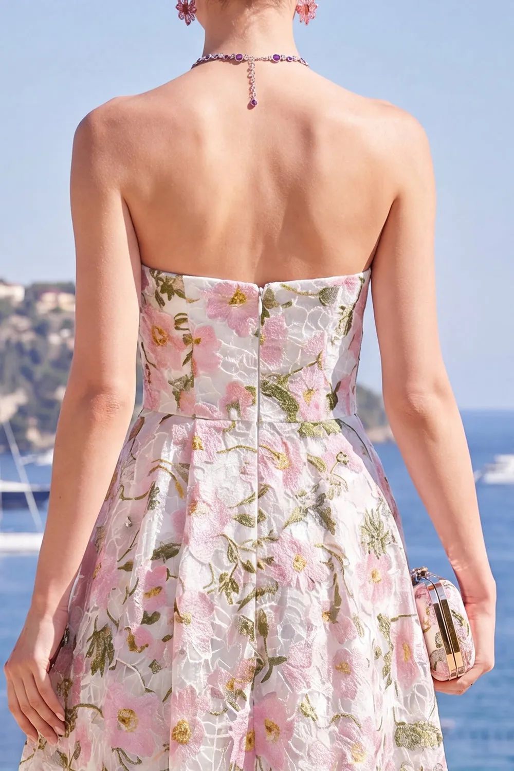 Pink A-Line Strapless Midi Floral Dress sold by Zapaka product image thumbnail 5