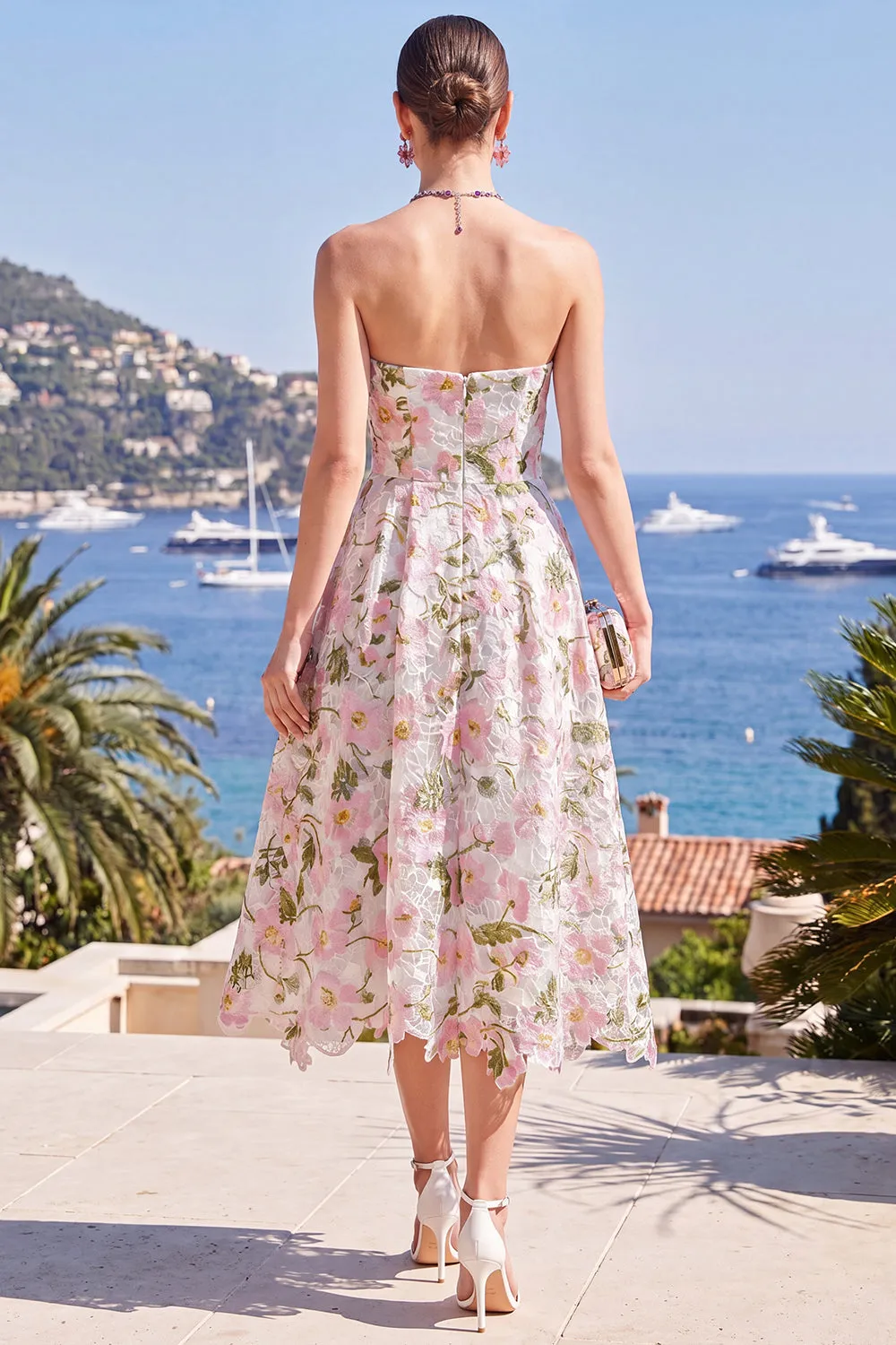 Pink A-Line Strapless Midi Floral Dress sold by Zapaka product image thumbnail 3