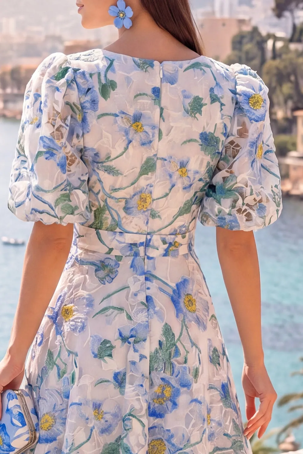 A-Line Blue V-Neck Midi Floral Dress with Puff Sleeves sold by Zapaka product image thumbnail 4