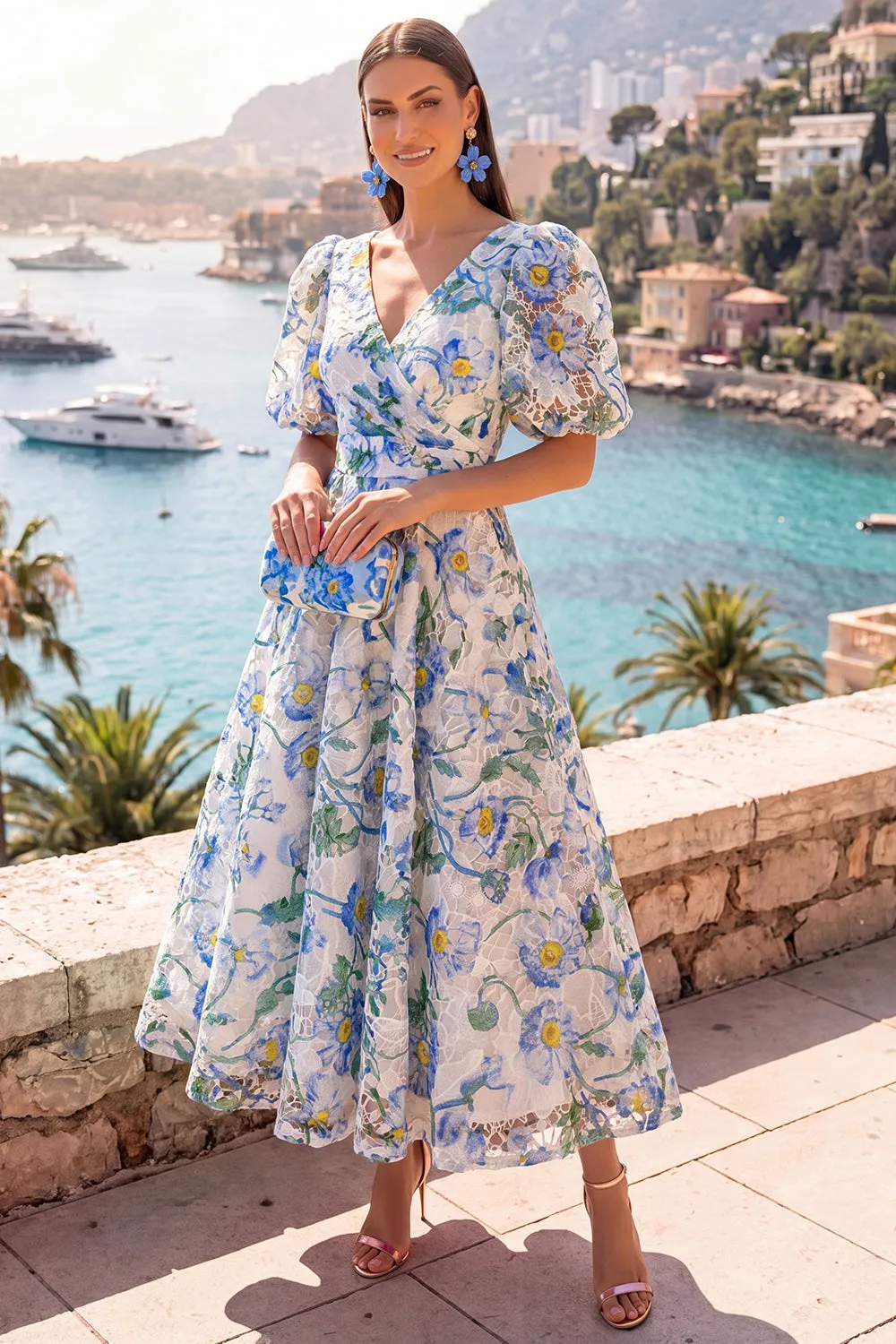 A-Line Blue V-Neck Midi Floral Dress with Puff Sleeves sold by Zapaka