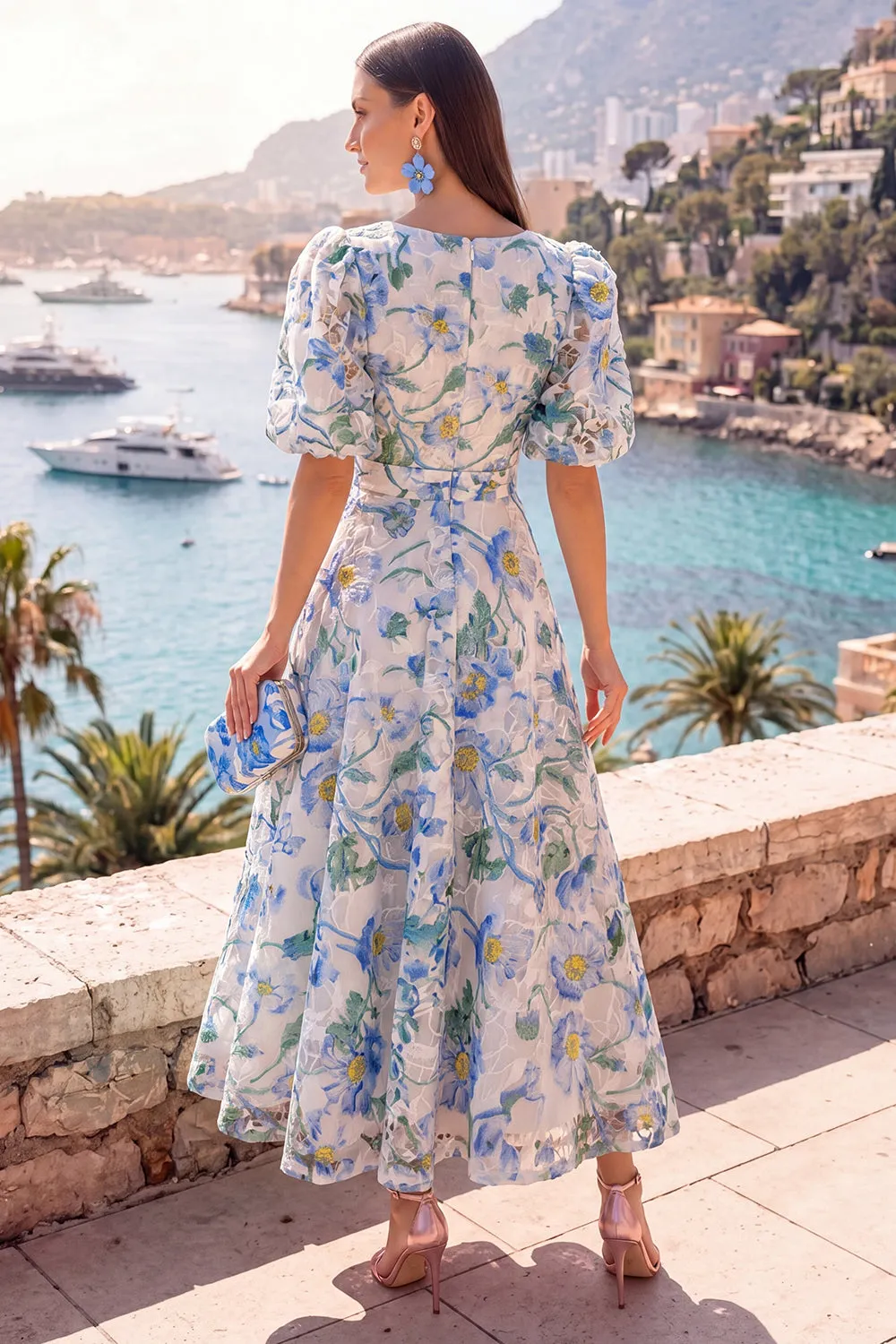 A-Line Blue V-Neck Midi Floral Dress with Puff Sleeves sold by Zapaka product image thumbnail 2