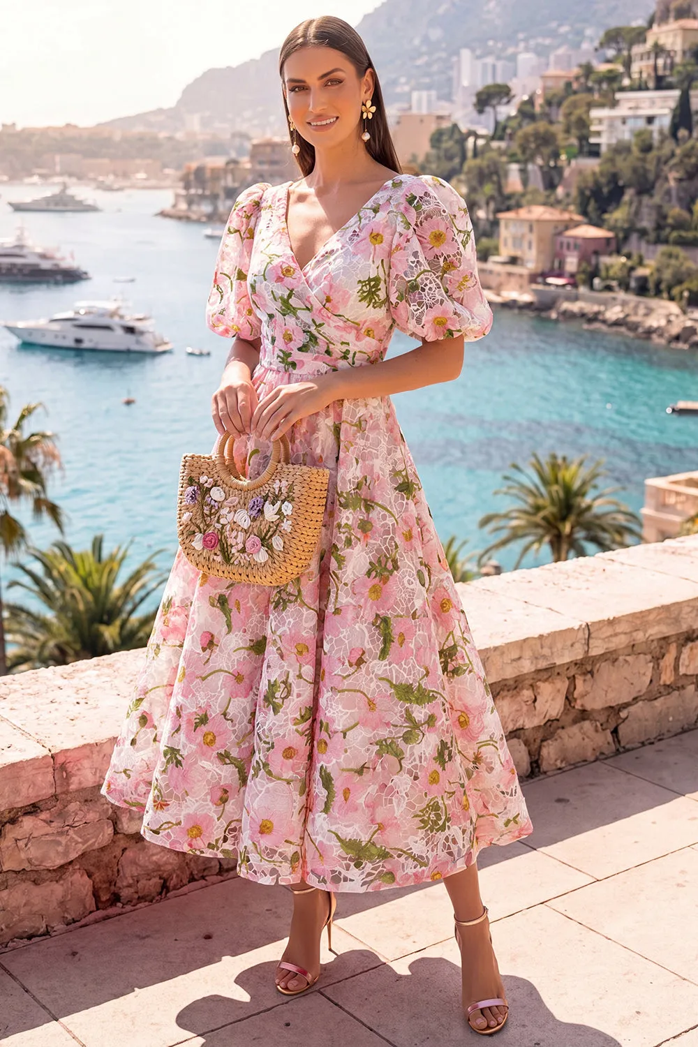 A-Line Blue V-Neck Midi Floral Dress with Puff Sleeves sold by Zapaka product image thumbnail 5