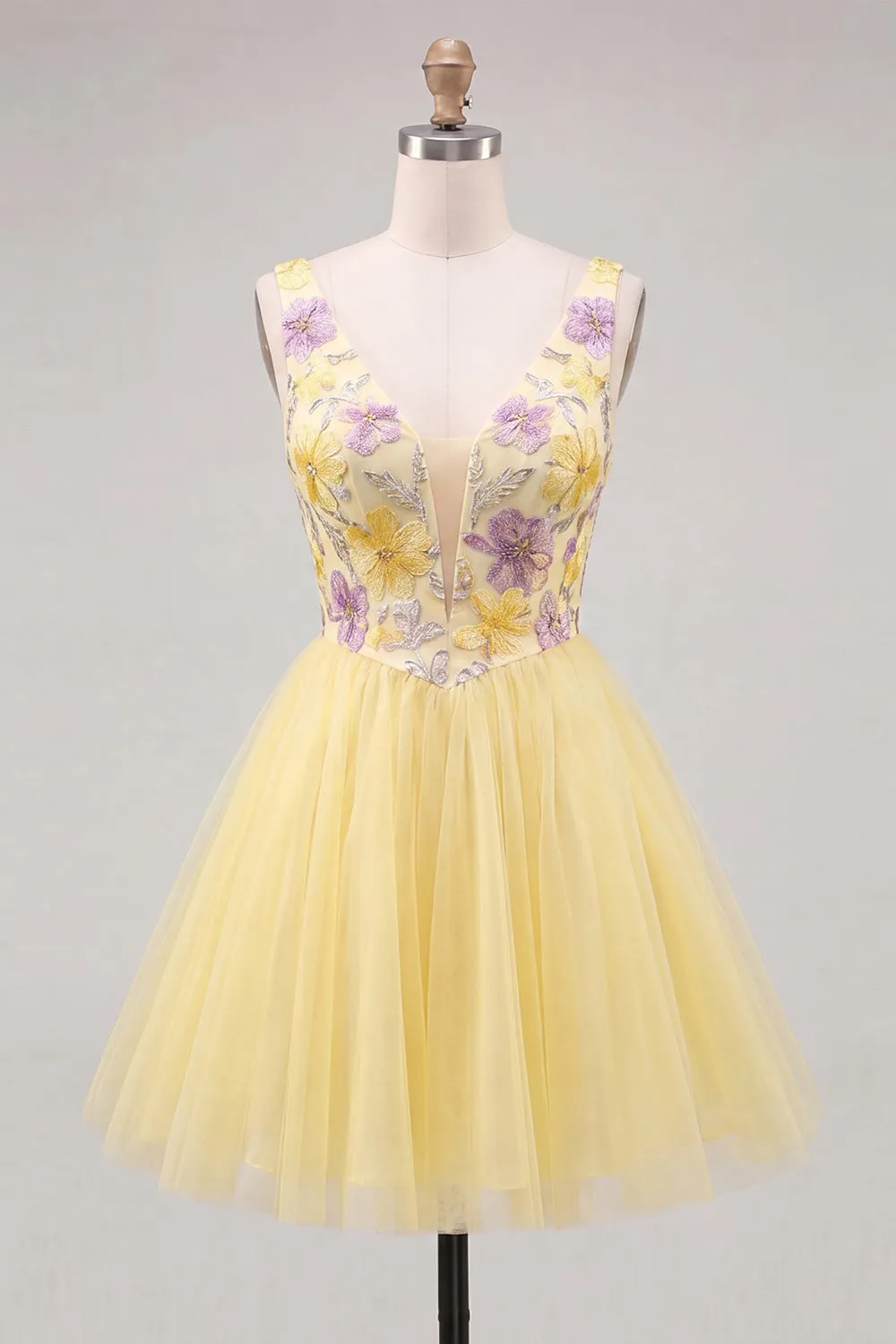 A-Line Yellow V-Neck Floral Sequins Homecoming Dress sold by Zapaka