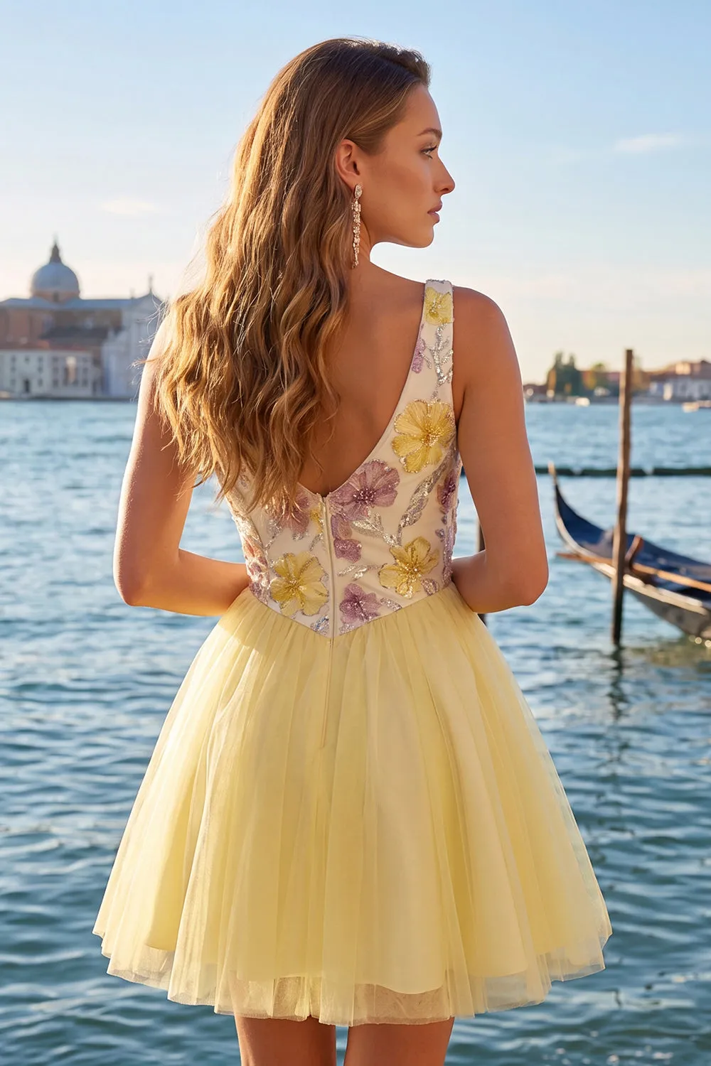 A-Line Yellow V-Neck Floral Sequins Homecoming Dress sold by Zapaka product image thumbnail 4