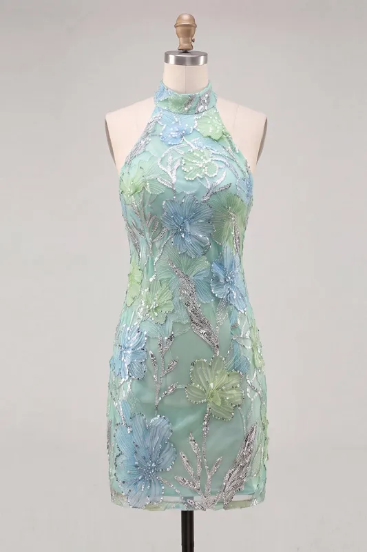 Mint Green Bodycon Halter Neck Floral Sequins Homecoming Dress made by Zapaka