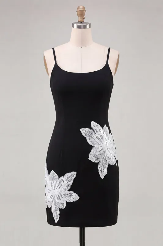 Black Floral Spaghetti Straps Sequins Homecoming Dress made by Zapaka