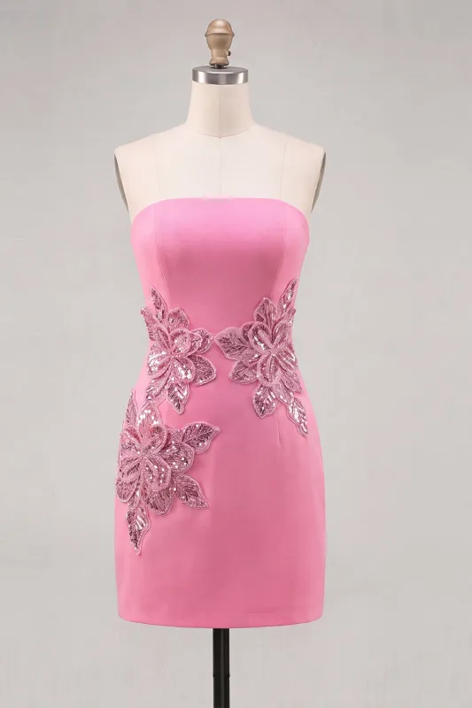 Pink Strapless Floral Bodycon Sequins Homecoming Dress made by Zapaka