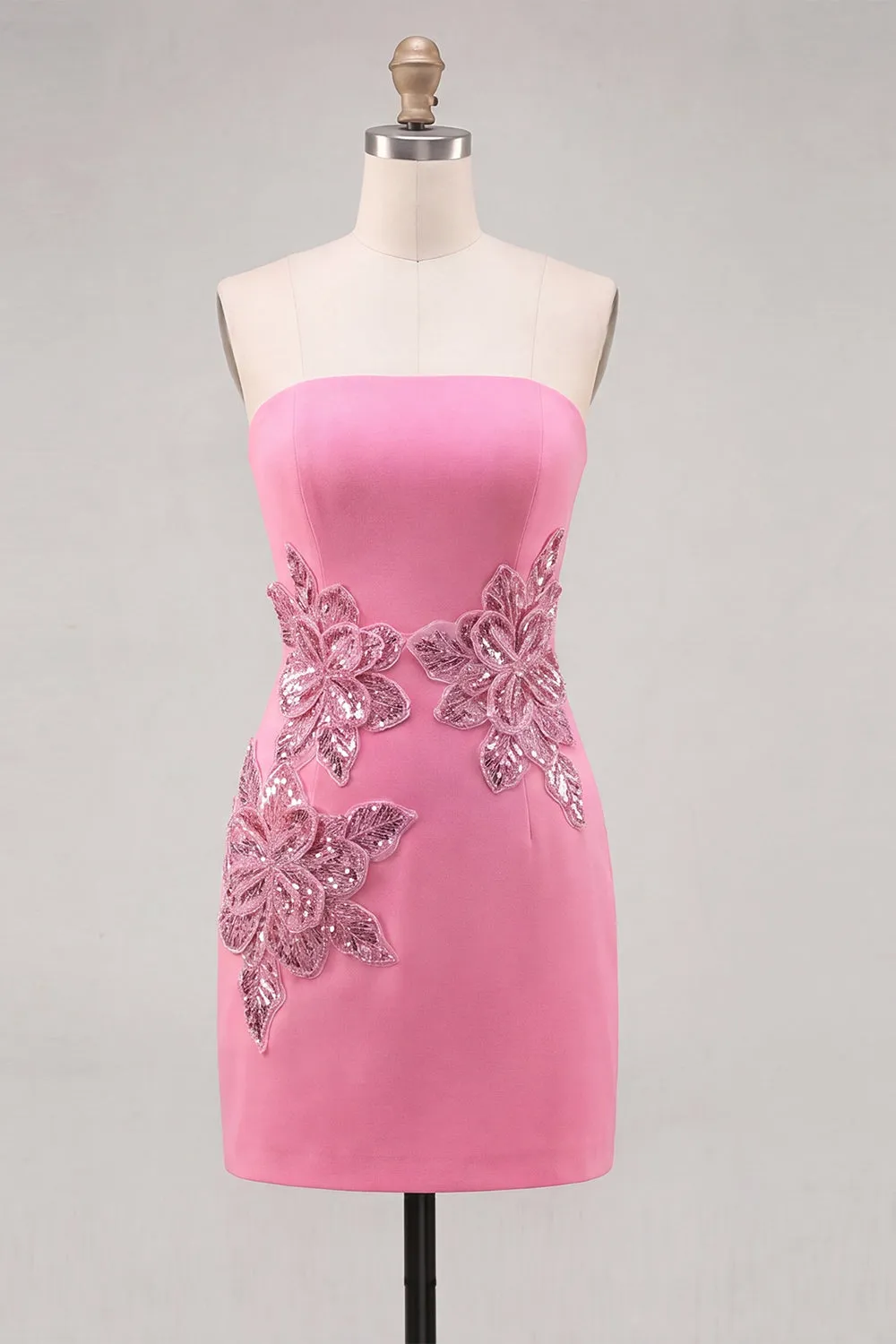Pink Strapless Floral Bodycon Sequins Homecoming Dress sold by Zapaka