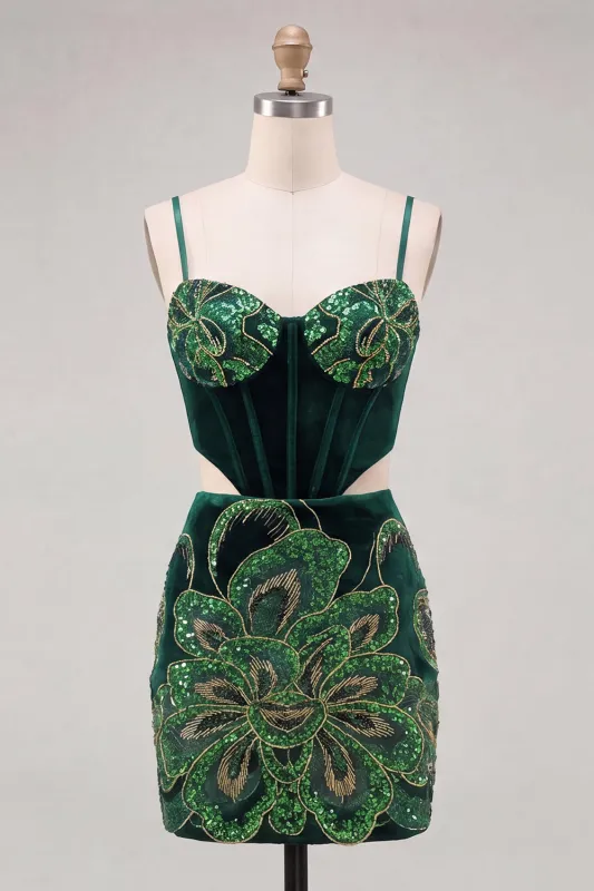 Dark Green Bodycon Corset Floral Sequins Cut Out Homecoming Dress with Lace Up Back made by Zapaka