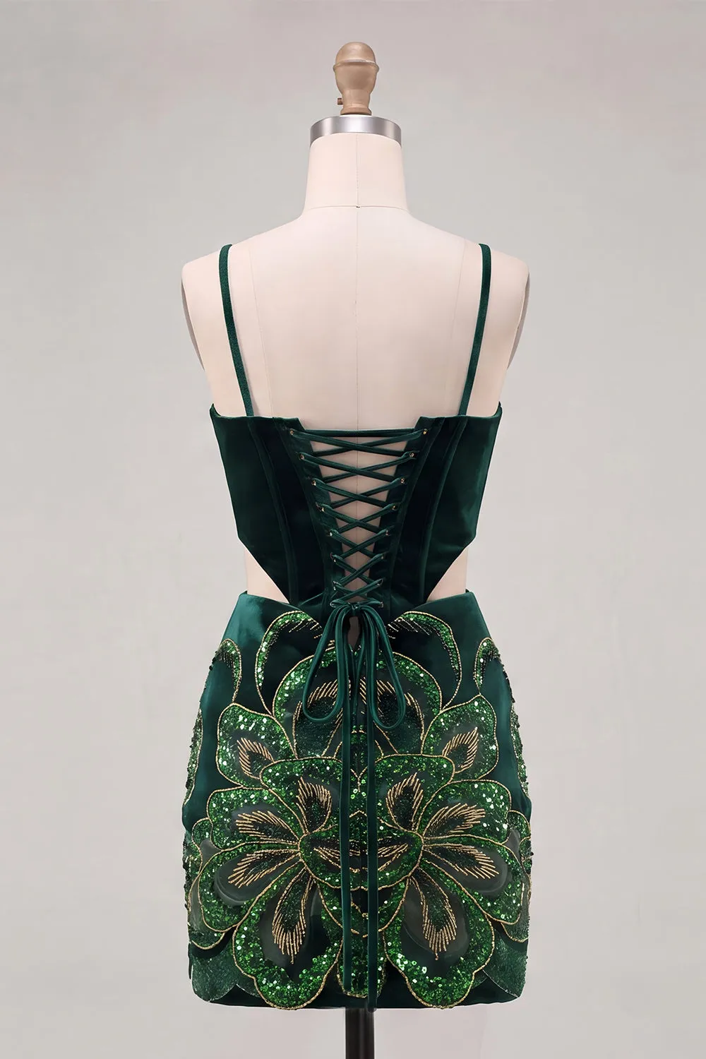 Dark Green Bodycon Corset Floral Sequins Cut Out Homecoming Dress with Lace Up Back sold by Zapaka product image thumbnail 2