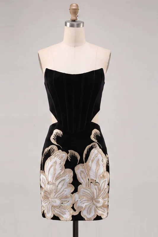 Black Strapless Bodycon Embroidered Cut Out Floral Homecoming Dress with Lace Up Back made by Zapaka