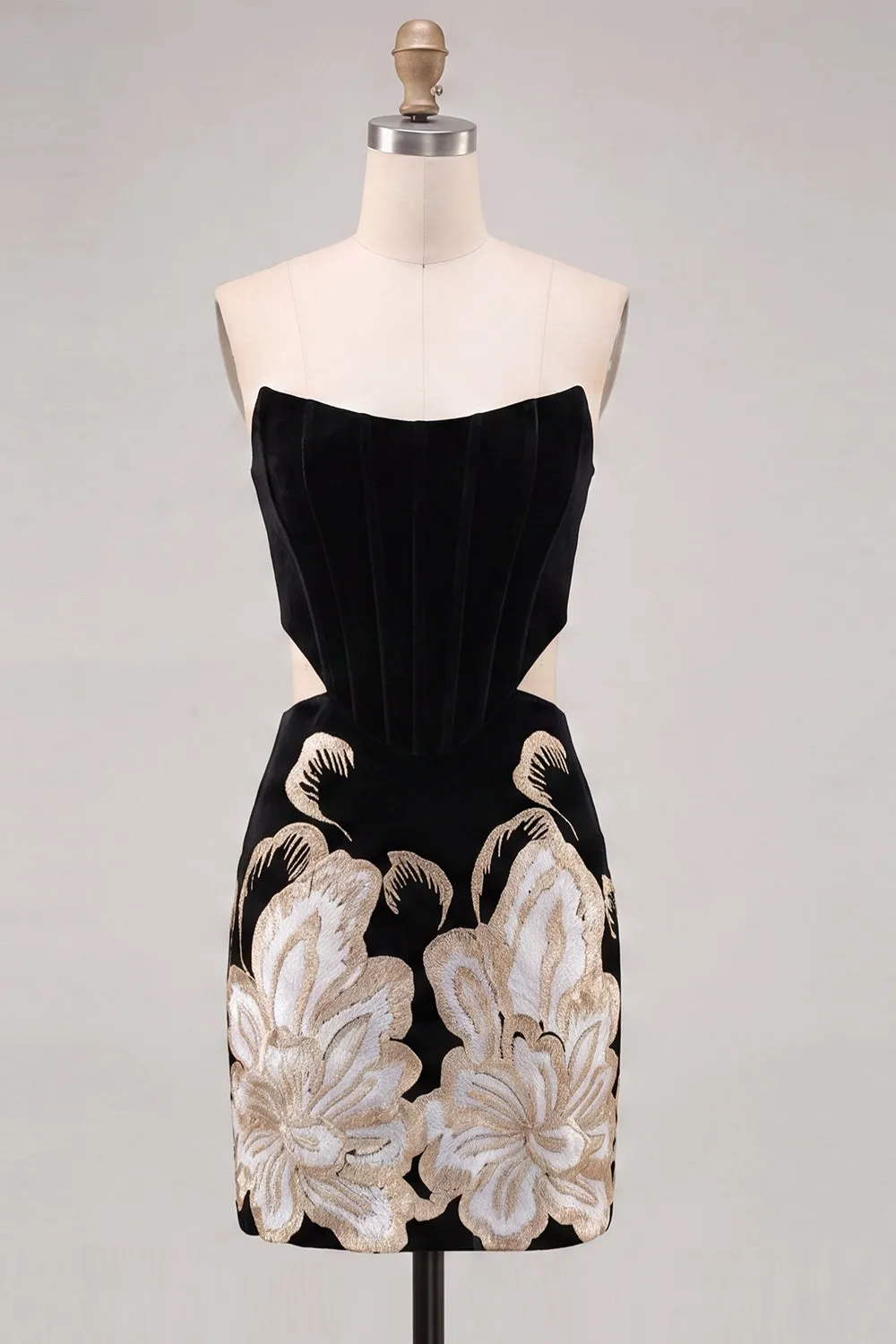 Black Strapless Bodycon Embroidered Cut Out Floral Homecoming Dress with Lace Up Back sold by Zapaka