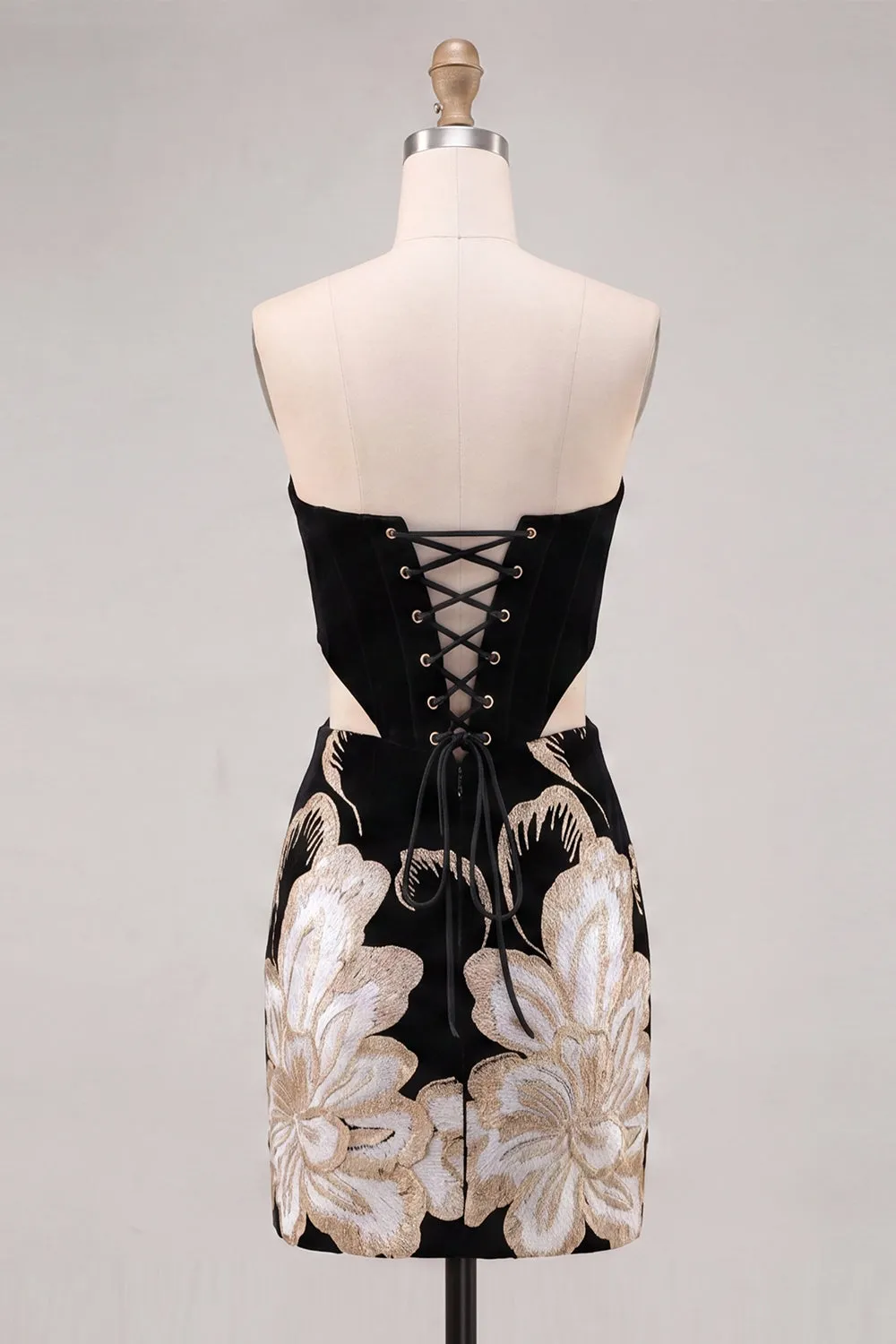Black Strapless Bodycon Embroidered Cut Out Floral Homecoming Dress with Lace Up Back sold by Zapaka product image thumbnail 2