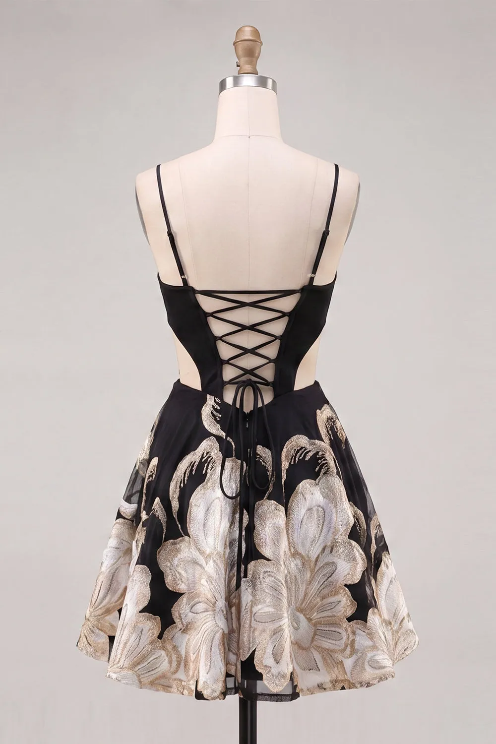 Black A-Line Cut Out Floral Homecoming Dress with Lace Up Back sold by Zapaka product image thumbnail 2