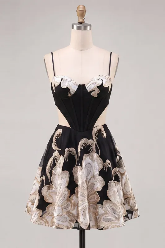 Black A-Line Cut Out Floral Homecoming Dress with Lace Up Back made by Zapaka