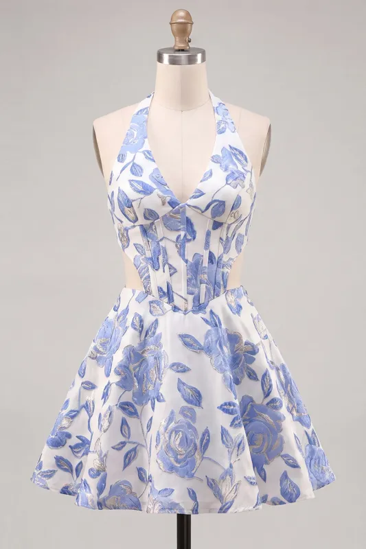 A-Line Halter Neck Light Blue Cut Out Floral Corset Backless Homecoming Dress made by Zapaka