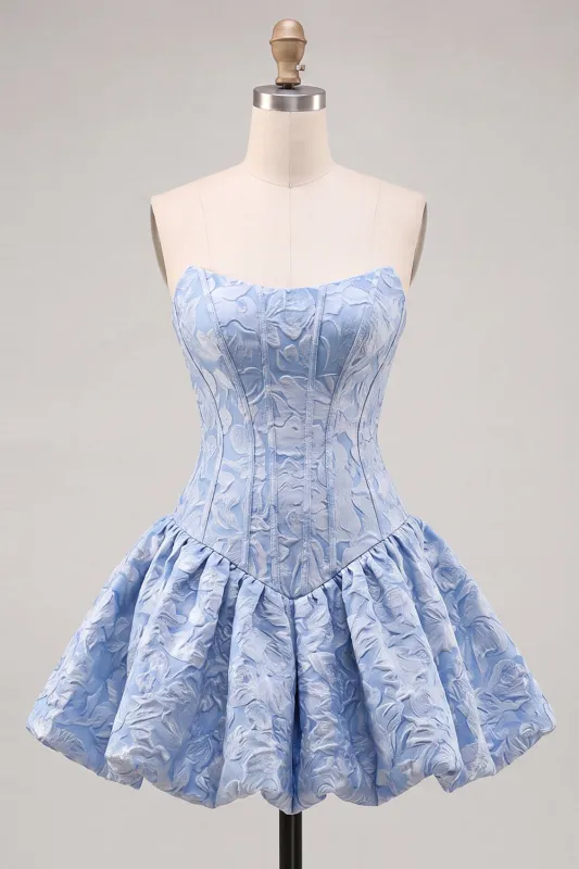 A-Line Blue Jacquard Floral Corset Strapless Homecoming Dress made by Zapaka
