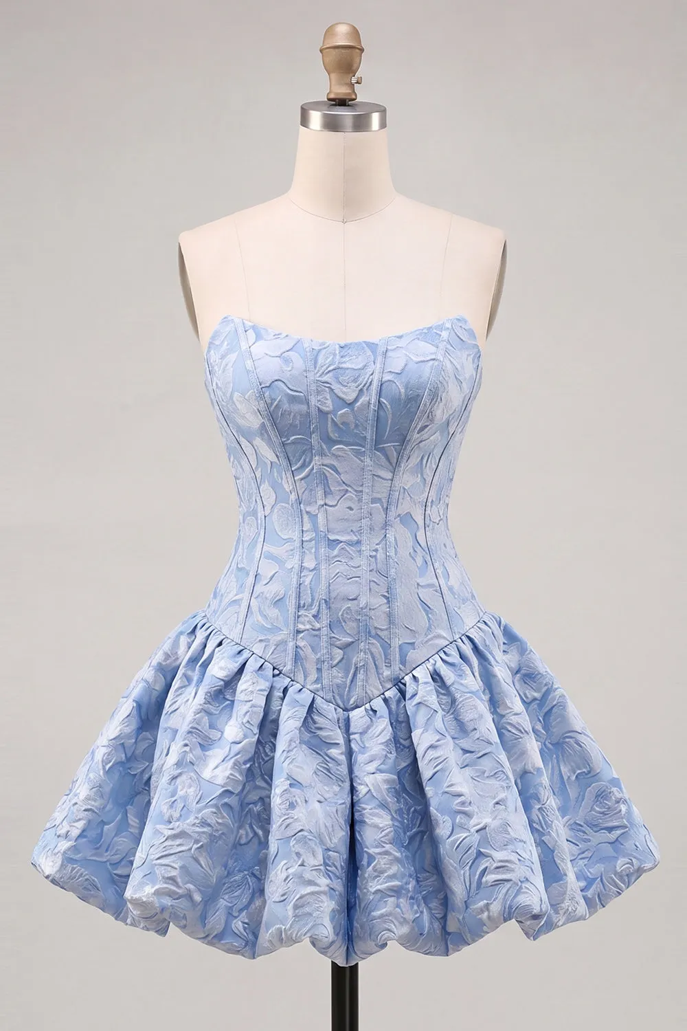 A-Line Blue Jacquard Floral Corset Strapless Homecoming Dress sold by Zapaka