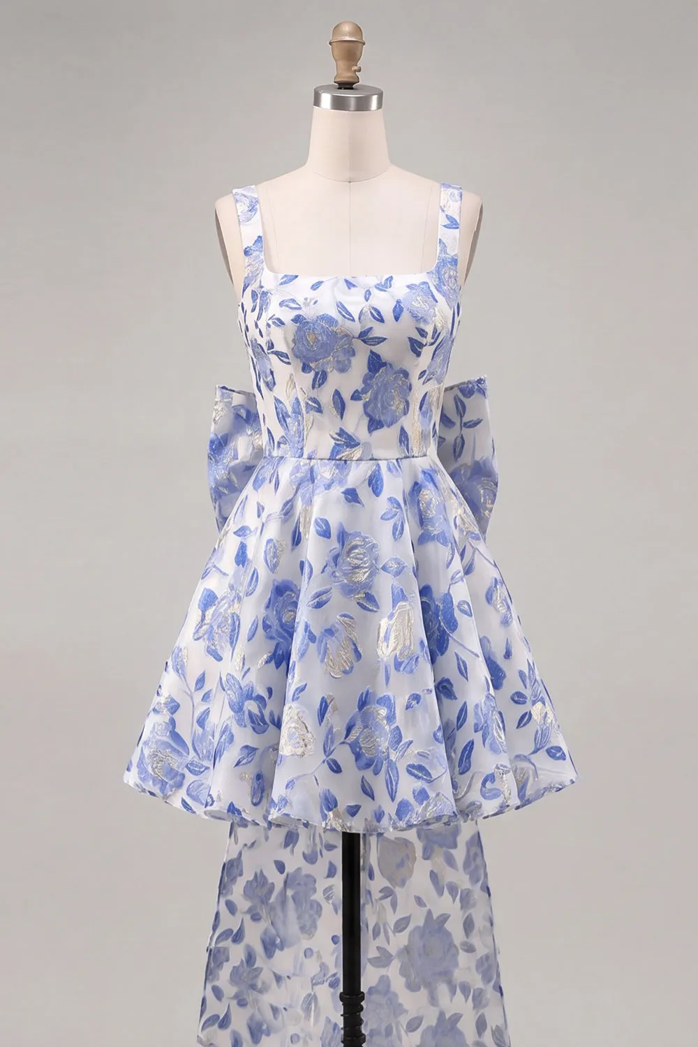 A-Line Light Blue Square Neck Jacquard Bow Homecoming Dress with Lace Up Back sold by Zapaka