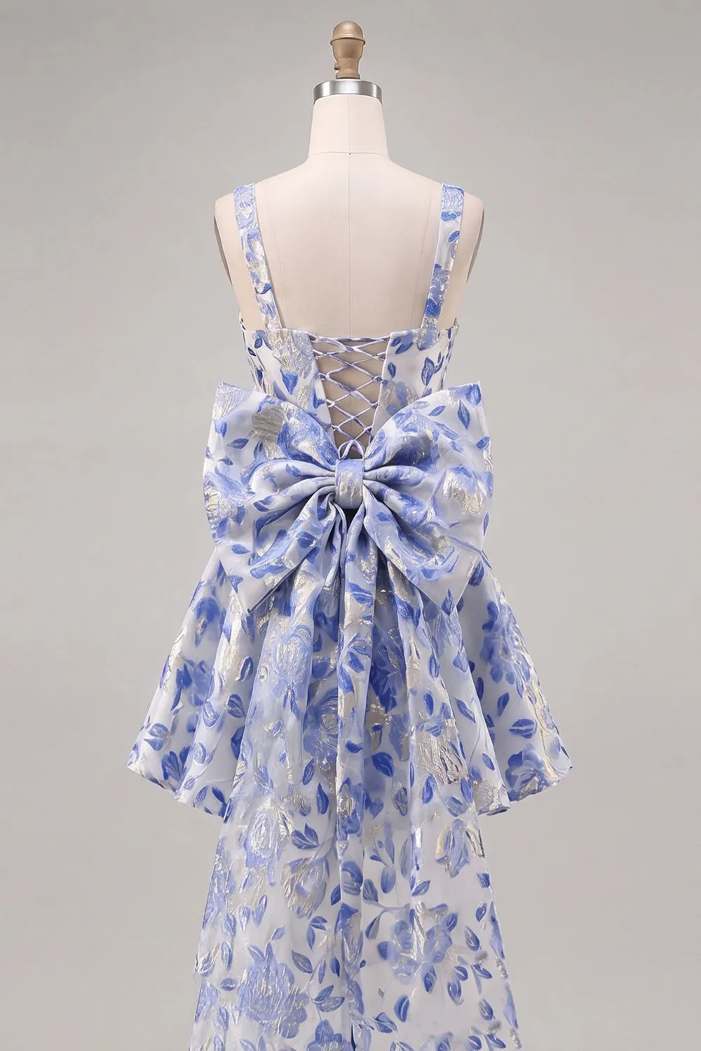 A-Line Light Blue Square Neck Jacquard Bow Homecoming Dress with Lace Up Back sold by Zapaka product image thumbnail 2