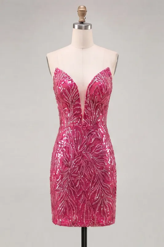 Sparkly Fuchsia Sweetheart Bodycon Sequins Homecoming Dress with Lace Up Back made by Zapaka