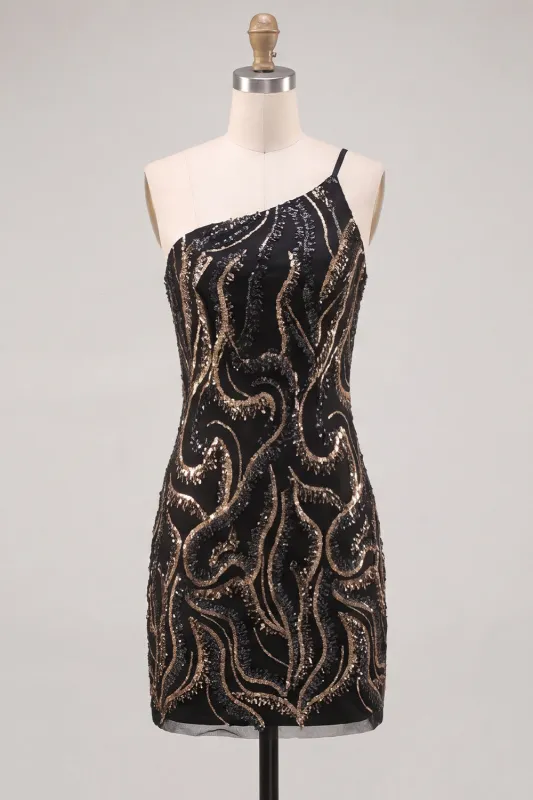 Sparkly One Shoulder Black Sequins Bodycon Homecoming Dress made by Zapaka