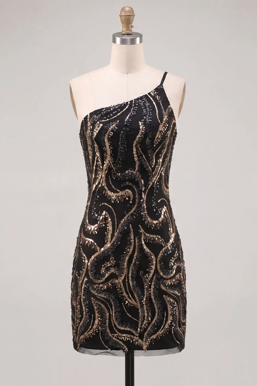 Sparkly One Shoulder Black Sequins Bodycon Homecoming Dress sold by Zapaka