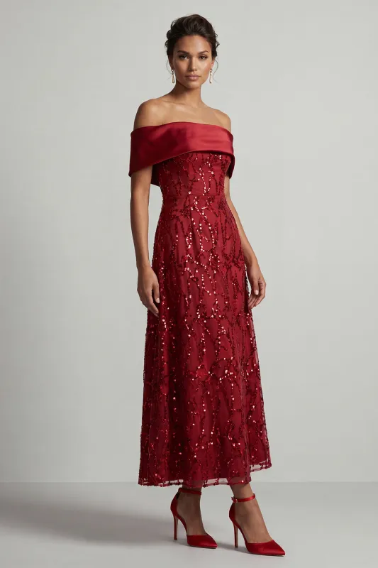 A-Line Red Off the Shoulder Midi Mother Of the Bride Dress with Sequins made by Zapaka