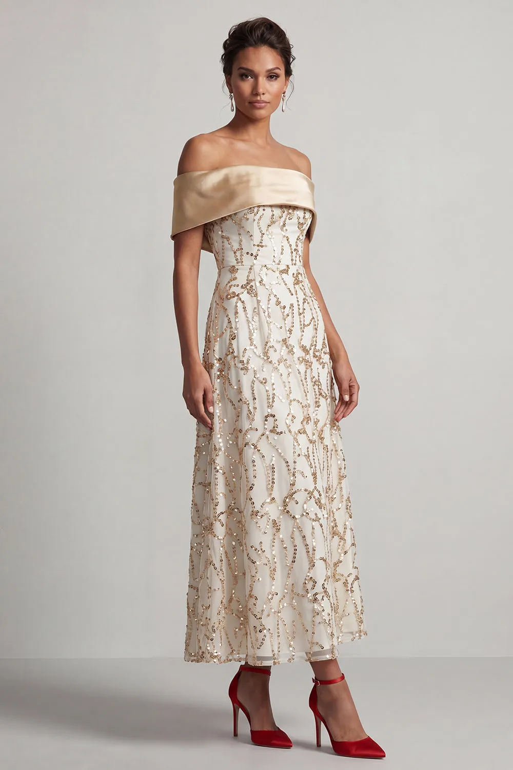 A-Line Red Off the Shoulder Midi Mother Of the Bride Dress with Sequins sold by Zapaka product image thumbnail 5