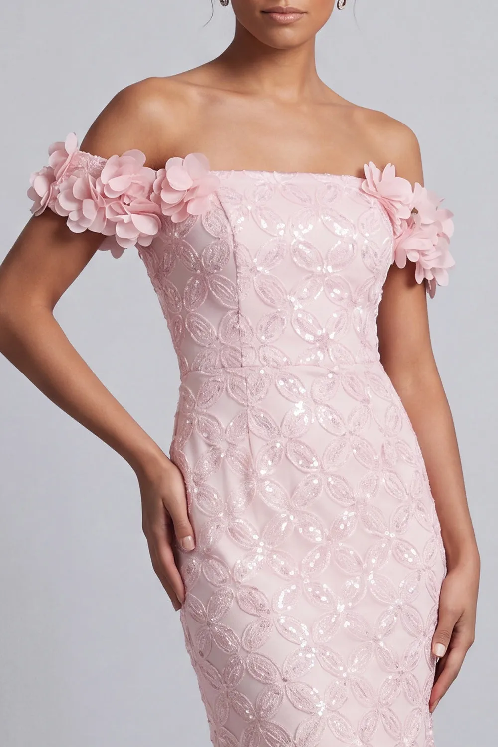 Pink Off the Shoulder Mermaid Sequins Midi Mother Of the Bride Dress with 3D Flowers sold by Zapaka product image thumbnail 3