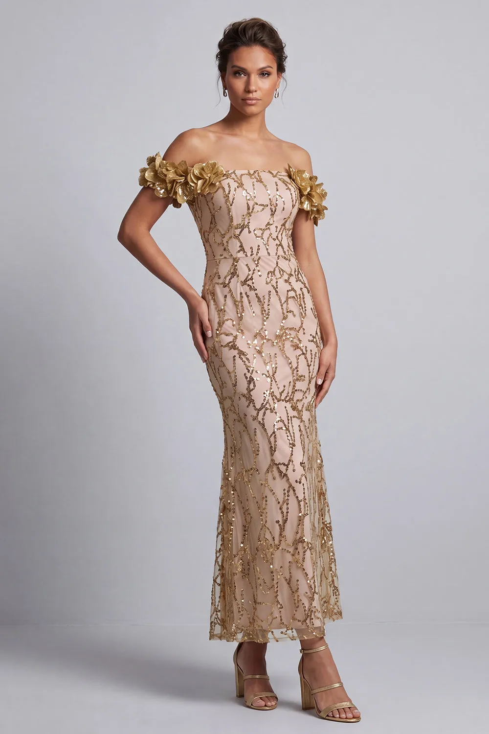 Pink Off the Shoulder Mermaid Sequins Midi Mother Of the Bride Dress with 3D Flowers sold by Zapaka product image thumbnail 5