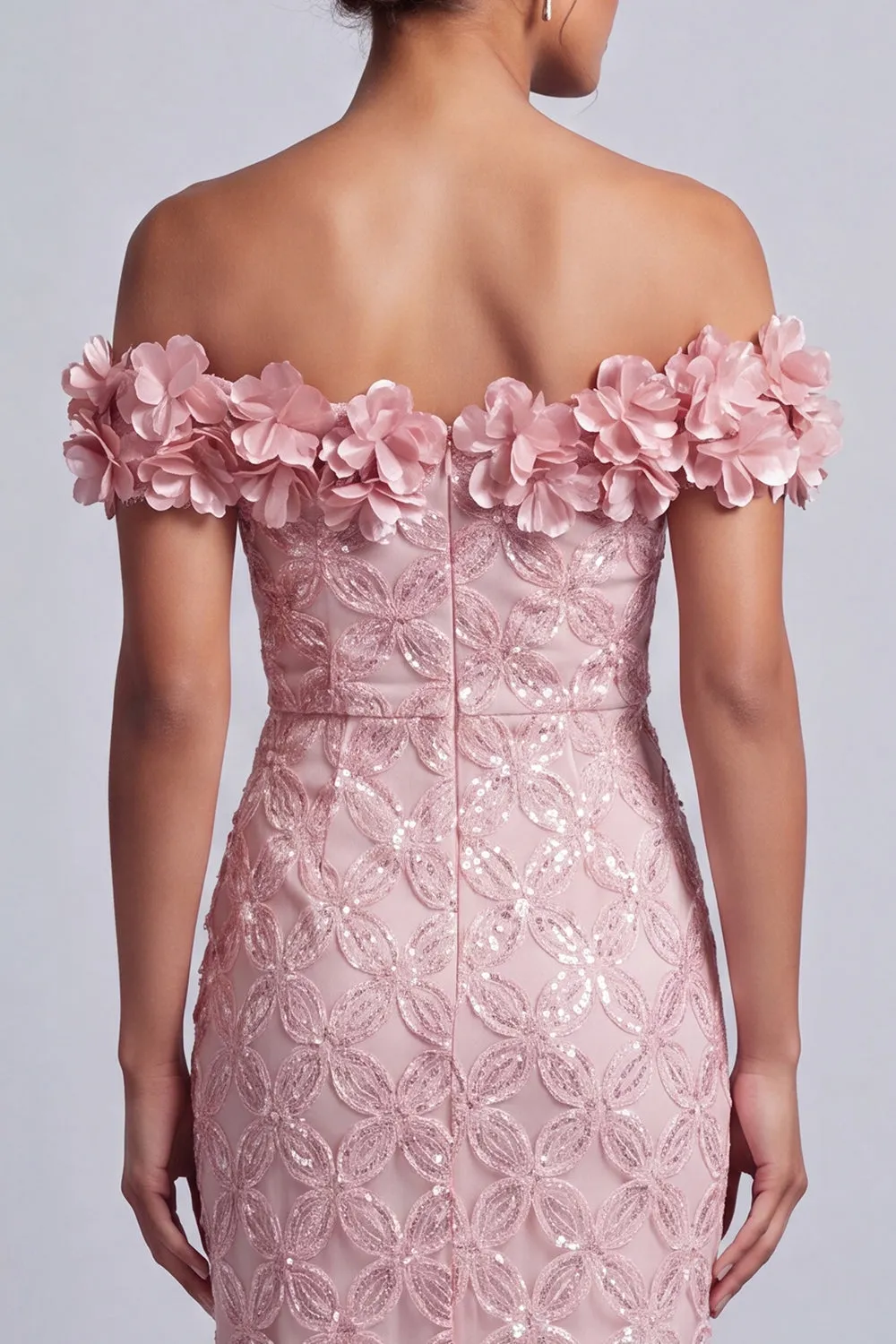 Pink Off the Shoulder Mermaid Sequins Midi Mother Of the Bride Dress with 3D Flowers sold by Zapaka product image thumbnail 4