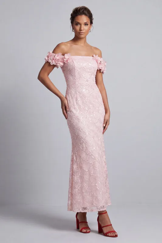 Pink Off the Shoulder Mermaid Sequins Midi Mother Of the Bride Dress with 3D Flowers made by Zapaka