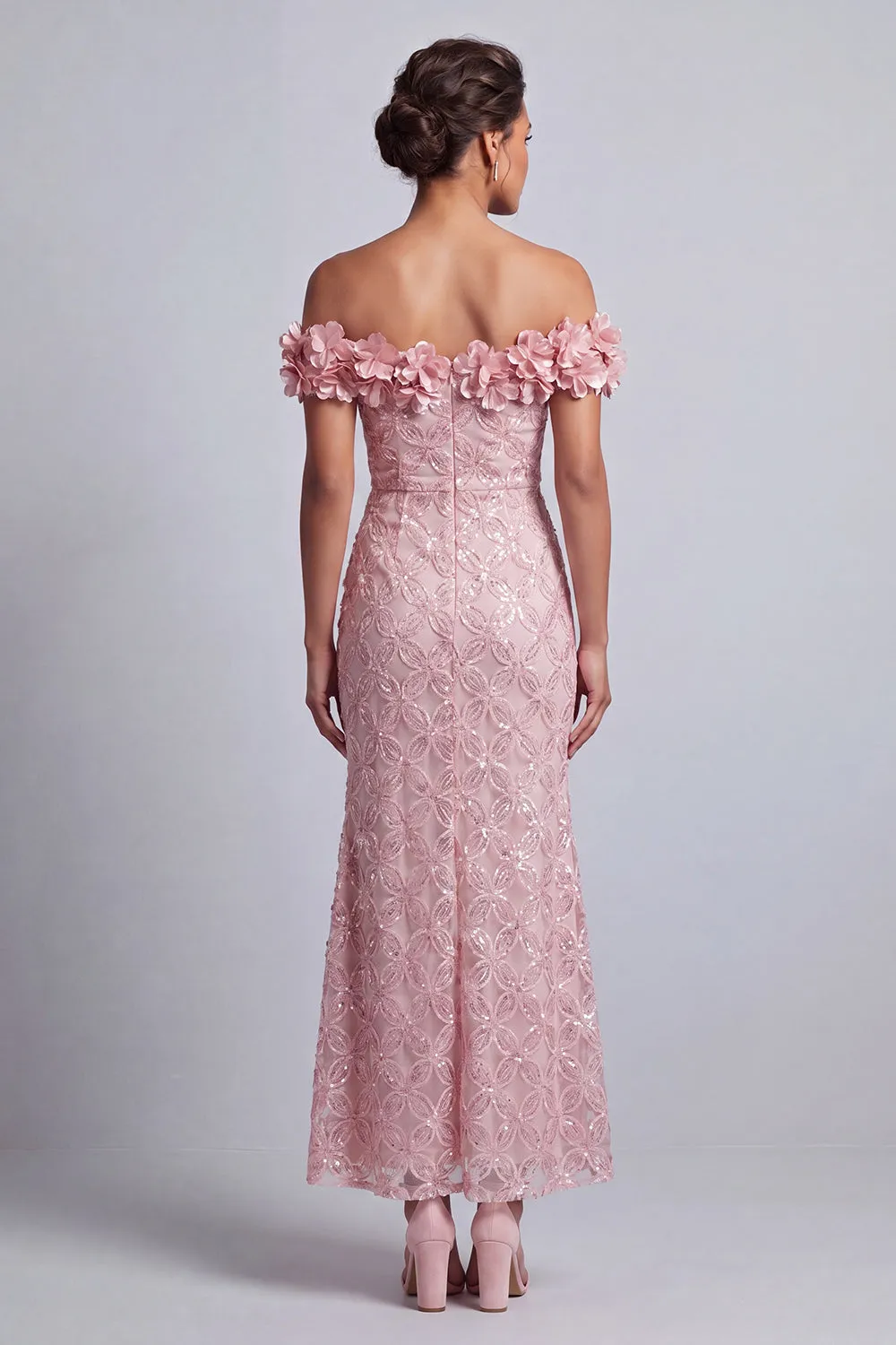 Pink Off the Shoulder Mermaid Sequins Midi Mother Of the Bride Dress with 3D Flowers sold by Zapaka product image thumbnail 2
