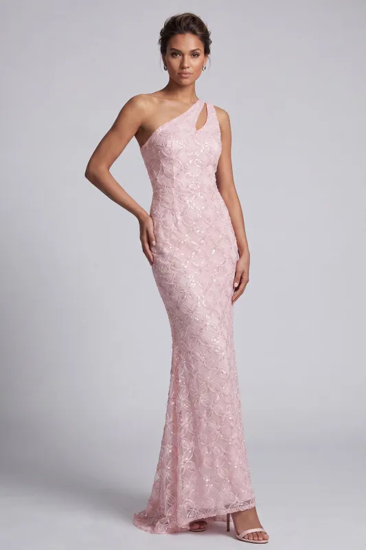 One Shoulder Pink Mermaid Sequins Cut Out Long Mother Of the Bride Dress made by Zapaka