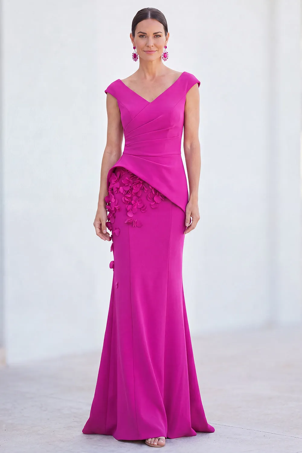 Blue Floral Mermaid V-Neck Ruched Long Mother Of the Bride Dress with Cap Sleeves sold by Zapaka product image thumbnail 5