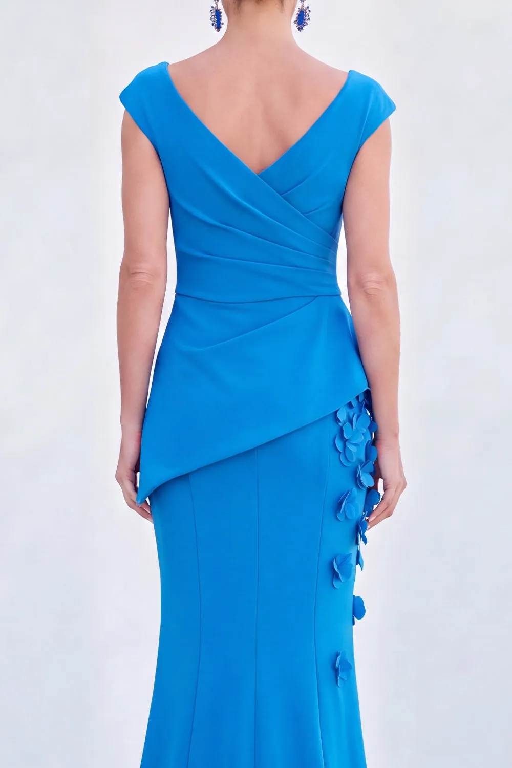 Blue Floral Mermaid V-Neck Ruched Long Mother Of the Bride Dress with Cap Sleeves sold by Zapaka product image thumbnail 4