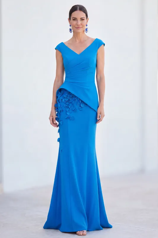 Blue Floral Mermaid V-Neck Ruched Long Mother Of the Bride Dress with Cap Sleeves made by Zapaka