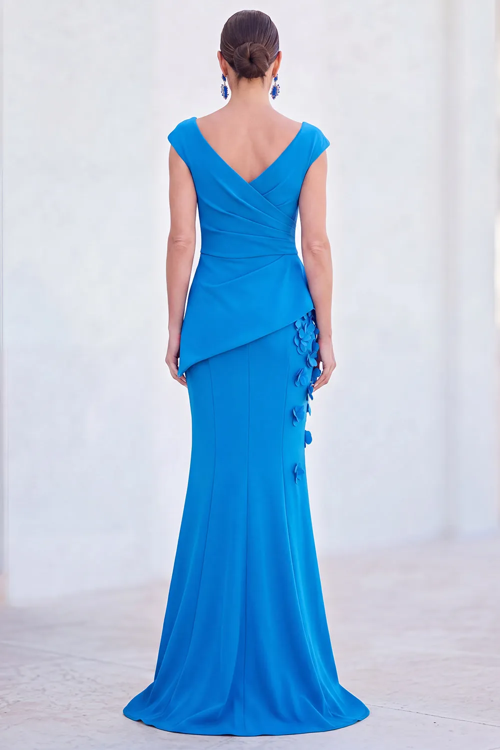 Blue Floral Mermaid V-Neck Ruched Long Mother Of the Bride Dress with Cap Sleeves sold by Zapaka product image thumbnail 2