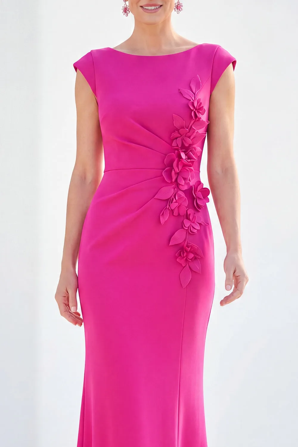 Fuchsia Mermaid Bateau Neck Ruched Floral Long Mother Of the Bride Dress with Cap Sleeves sold by Zapaka product image thumbnail 3