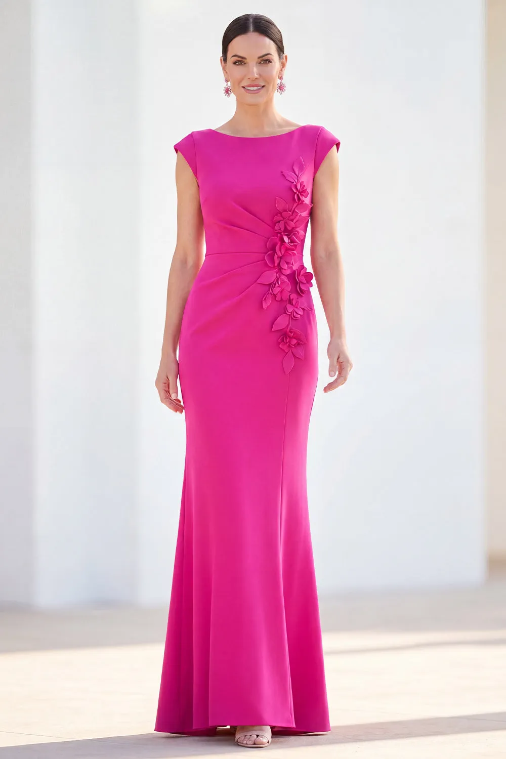 Fuchsia Mermaid Bateau Neck Ruched Floral Long Mother Of the Bride Dress with Cap Sleeves sold by Zapaka