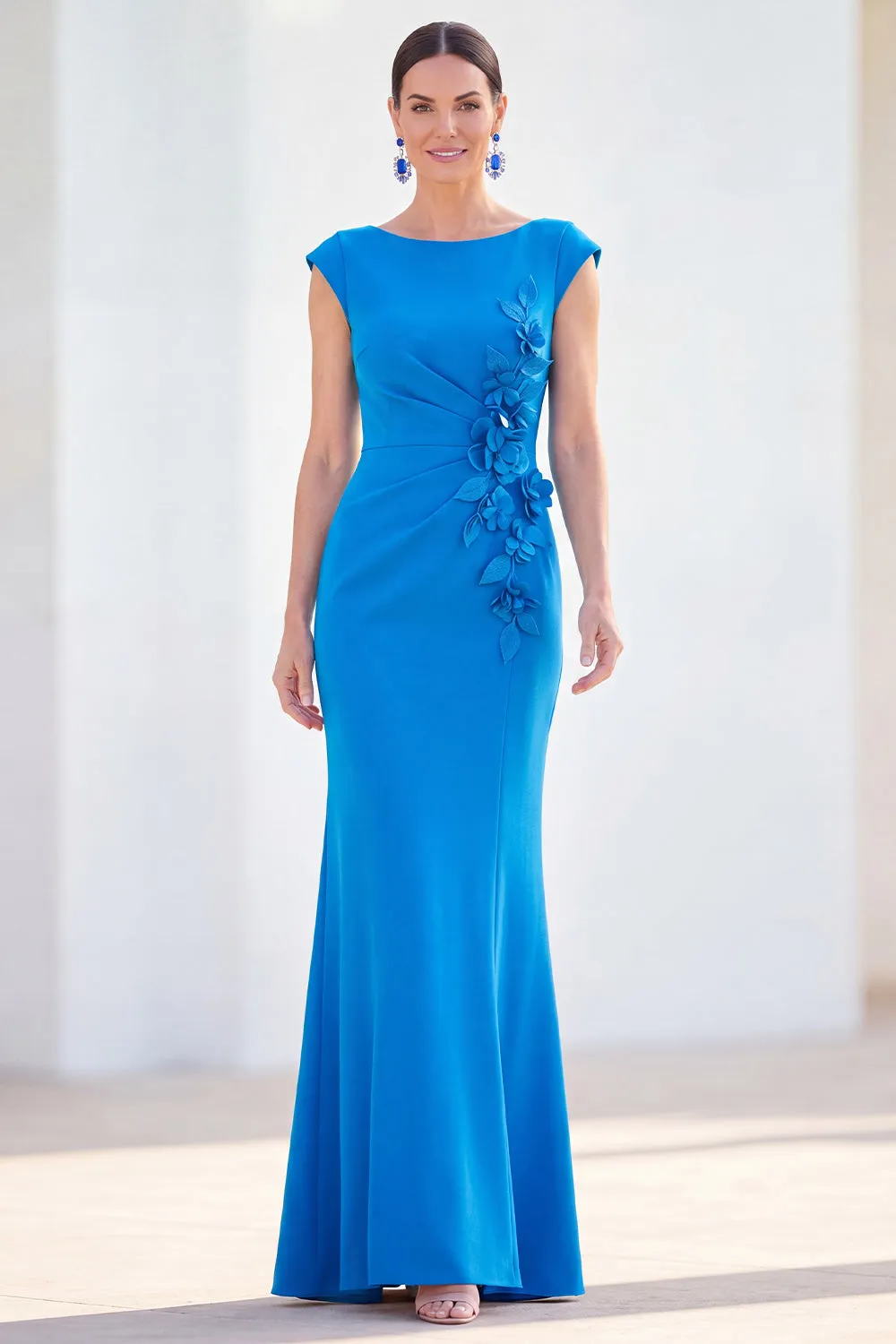 Fuchsia Mermaid Bateau Neck Ruched Floral Long Mother Of the Bride Dress with Cap Sleeves sold by Zapaka product image thumbnail 5