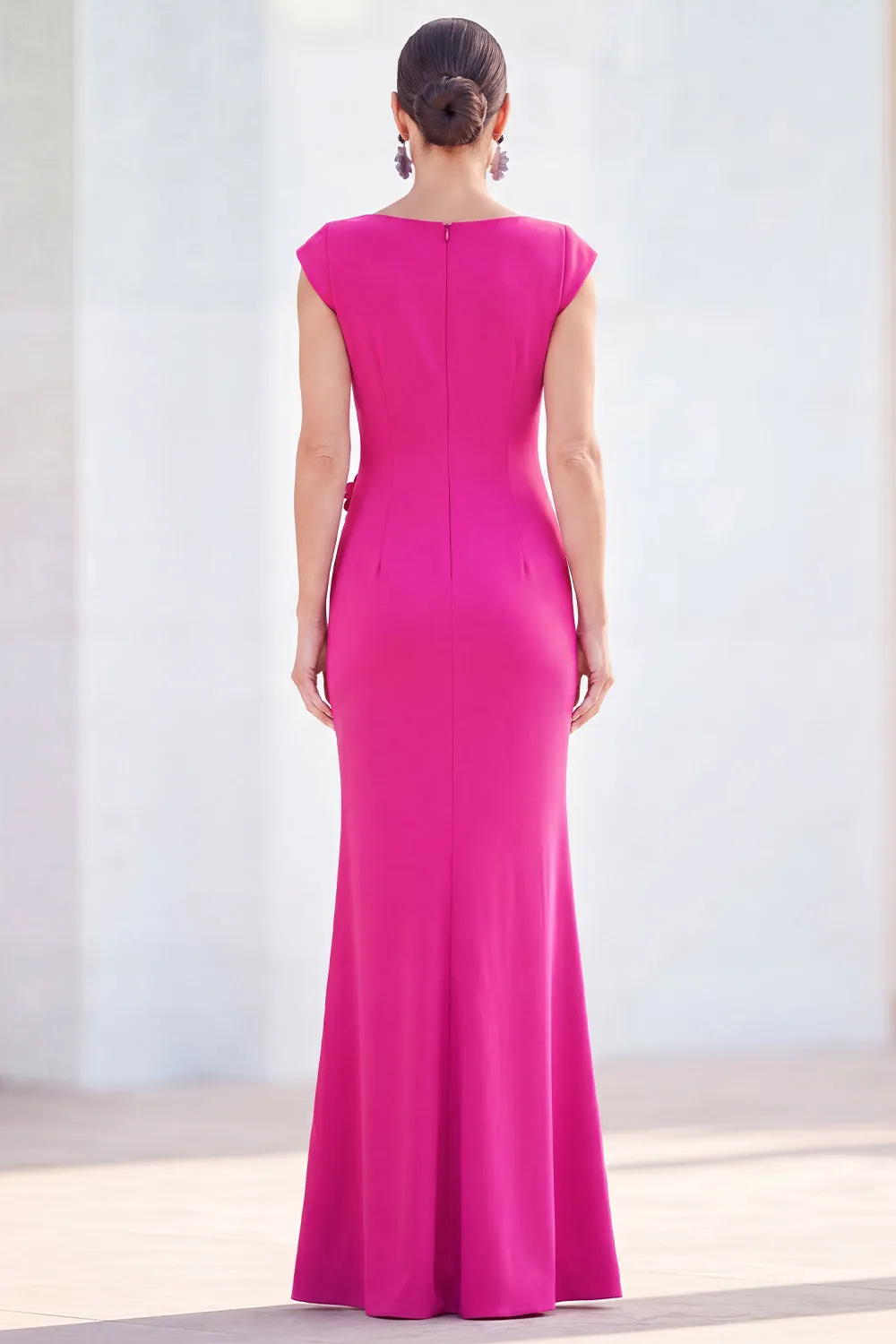 Fuchsia Mermaid Bateau Neck Ruched Floral Long Mother Of the Bride Dress with Cap Sleeves sold by Zapaka product image thumbnail 2