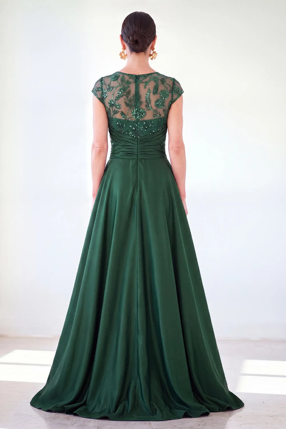 Dark Green A-Line Round Neck Sequins Long Mother Of the Bride Dress with Cap Sleeves sold by Zapaka product image thumbnail 2
